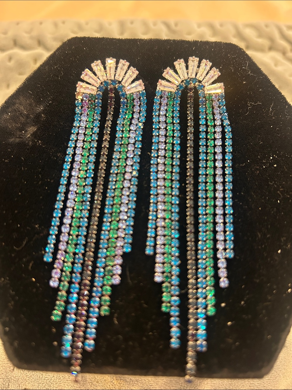 Blue-Green Crystal Fringe Drop Earrings